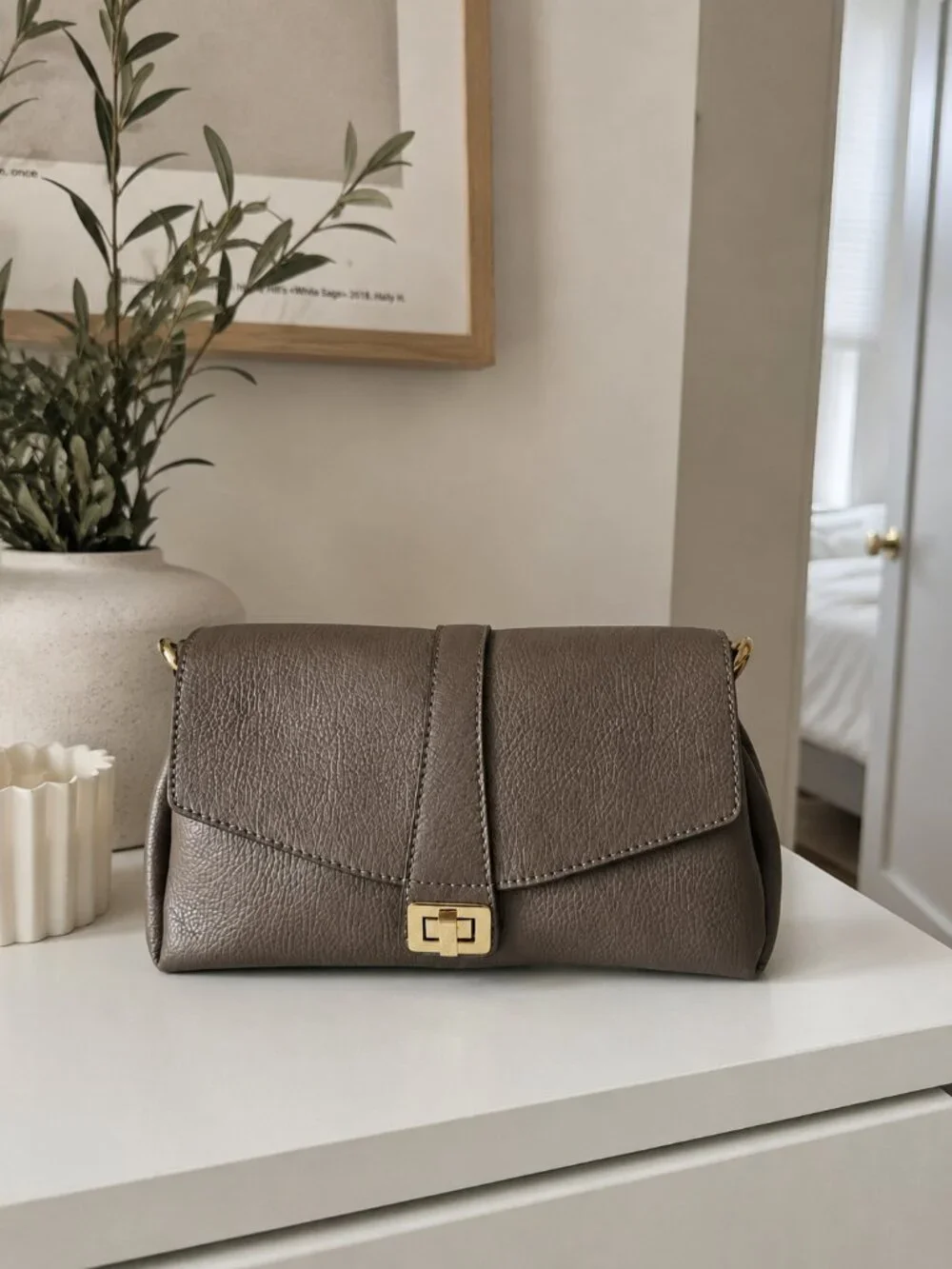 Taupe Italian Leather Crossbody Bag, Structured Shoulder Purse, Genuine Leather